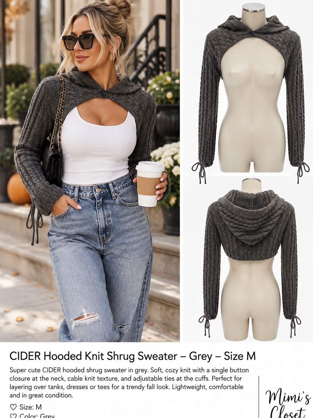 CIDER Gray Cable Knit Hooded Cropped Shrug Sweater M